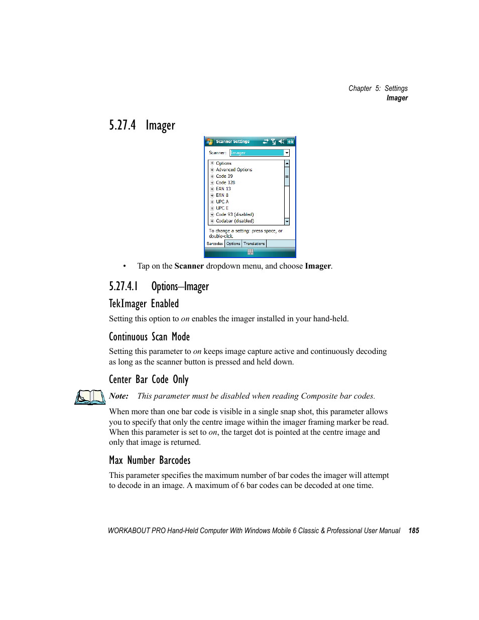 4 imager, 1 options-imager, Imager | 1 options–imager, Tekimager enabled, Continuous scan mode, Center bar code only, Max number barcodes | Psion Teklogix ISO 9001 User Manual | Page 203 / 360