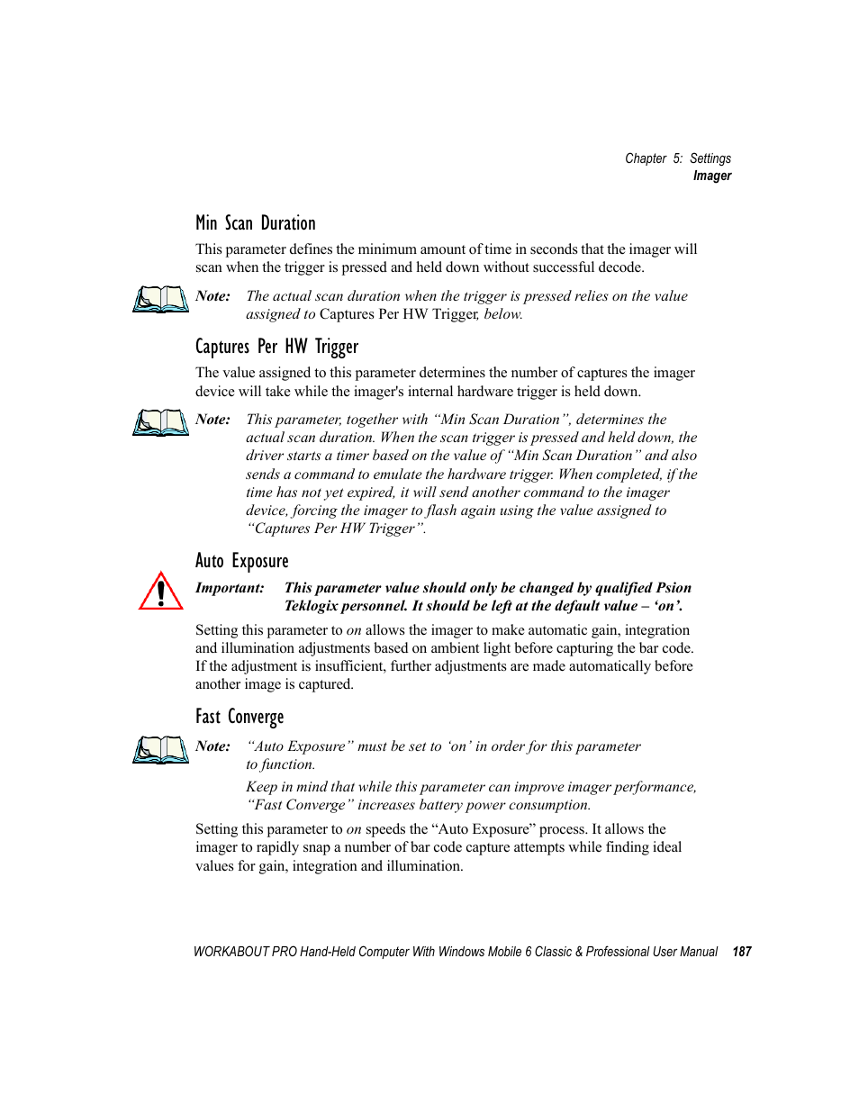 Min scan duration, Captures per hw trigger, Auto exposure | Fast converge | Psion Teklogix ISO 9001 User Manual | Page 205 / 360