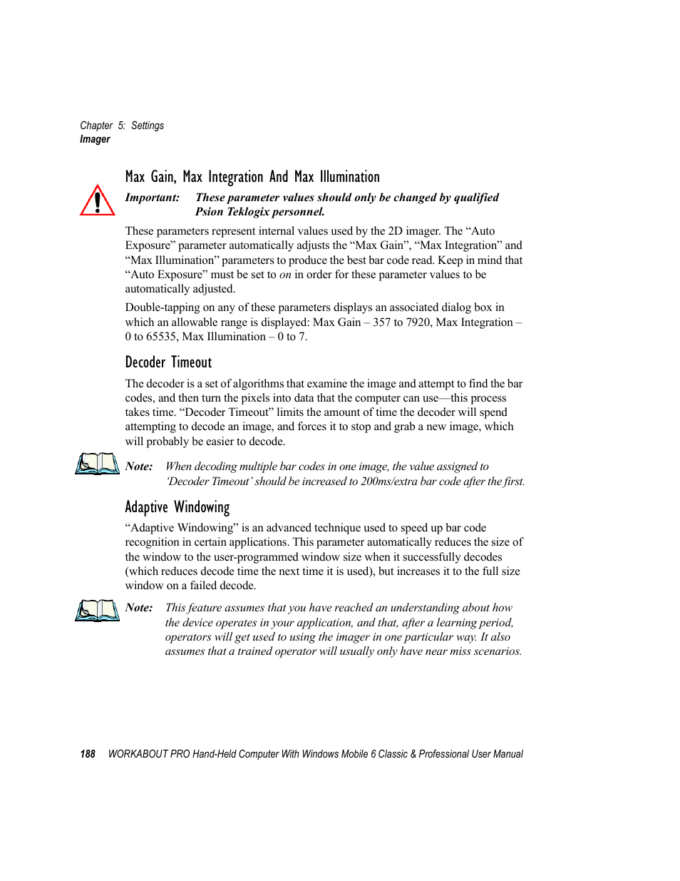 Max gain, max integration and max illumination, Decoder timeout, Adaptive windowing | Psion Teklogix ISO 9001 User Manual | Page 206 / 360