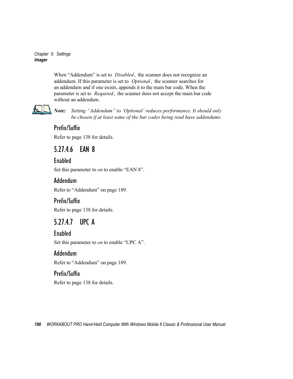 6 ean 8, 7 upc a, 6 ean 8 5.27.4.7 upc a | Prefix/suffix, Enabled, Addendum | Psion Teklogix ISO 9001 User Manual | Page 208 / 360