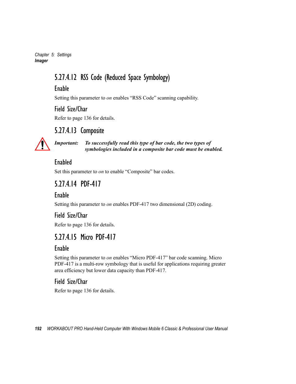 12 rss code (reduced space symbology), 13 composite, 14 pdf-417 | 15 micro pdf-417 | Psion Teklogix ISO 9001 User Manual | Page 210 / 360