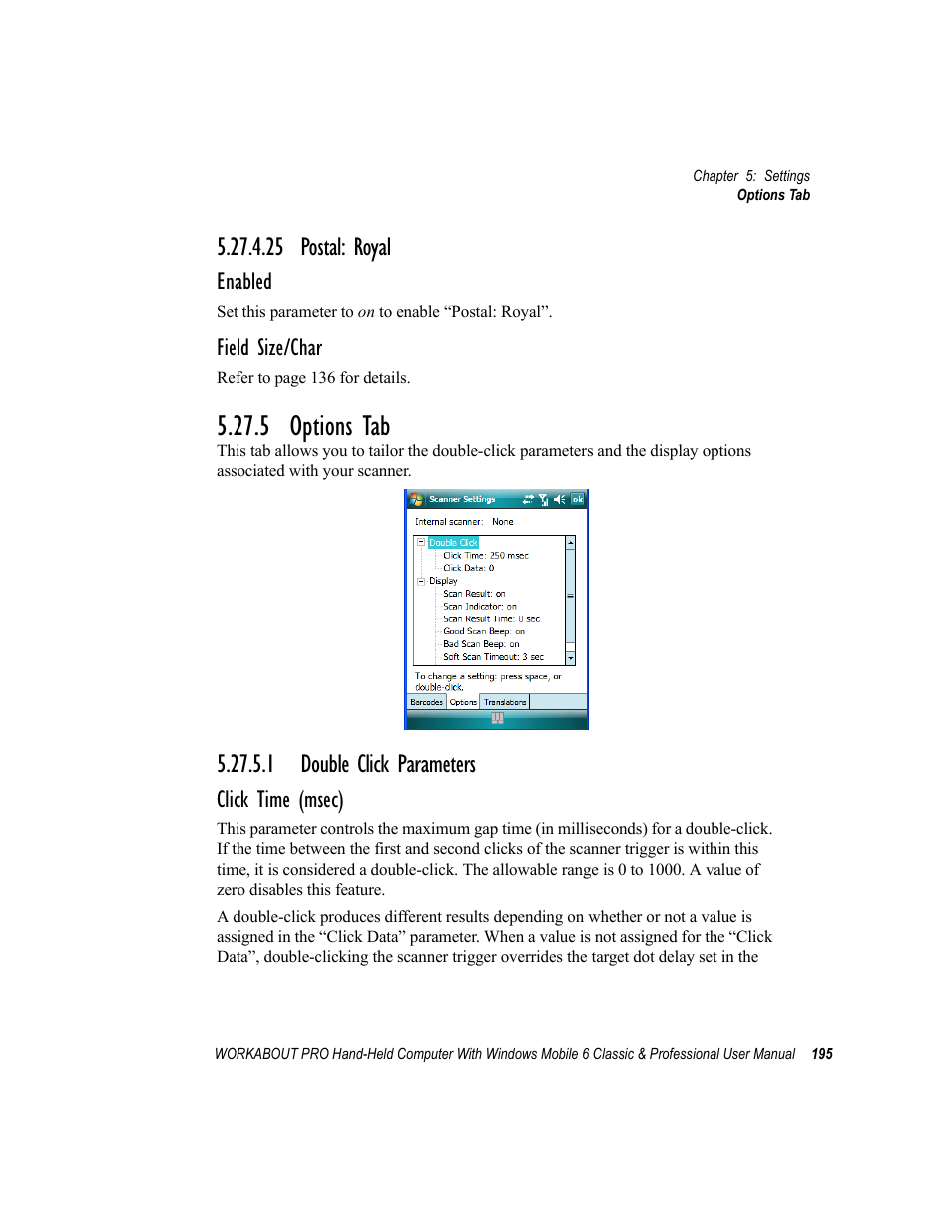 25 postal: royal, 5 options tab, 1 double click parameters | Psion Teklogix ISO 9001 User Manual | Page 213 / 360