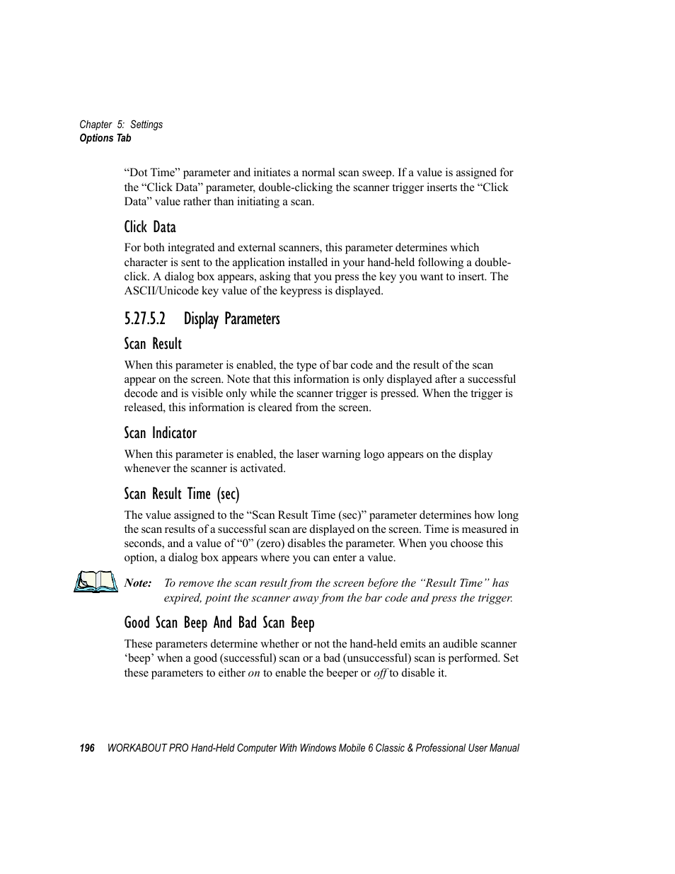 2 display parameters, Click data, Scan result | Scan indicator, Scan result time (sec), Good scan beep and bad scan beep | Psion Teklogix ISO 9001 User Manual | Page 214 / 360