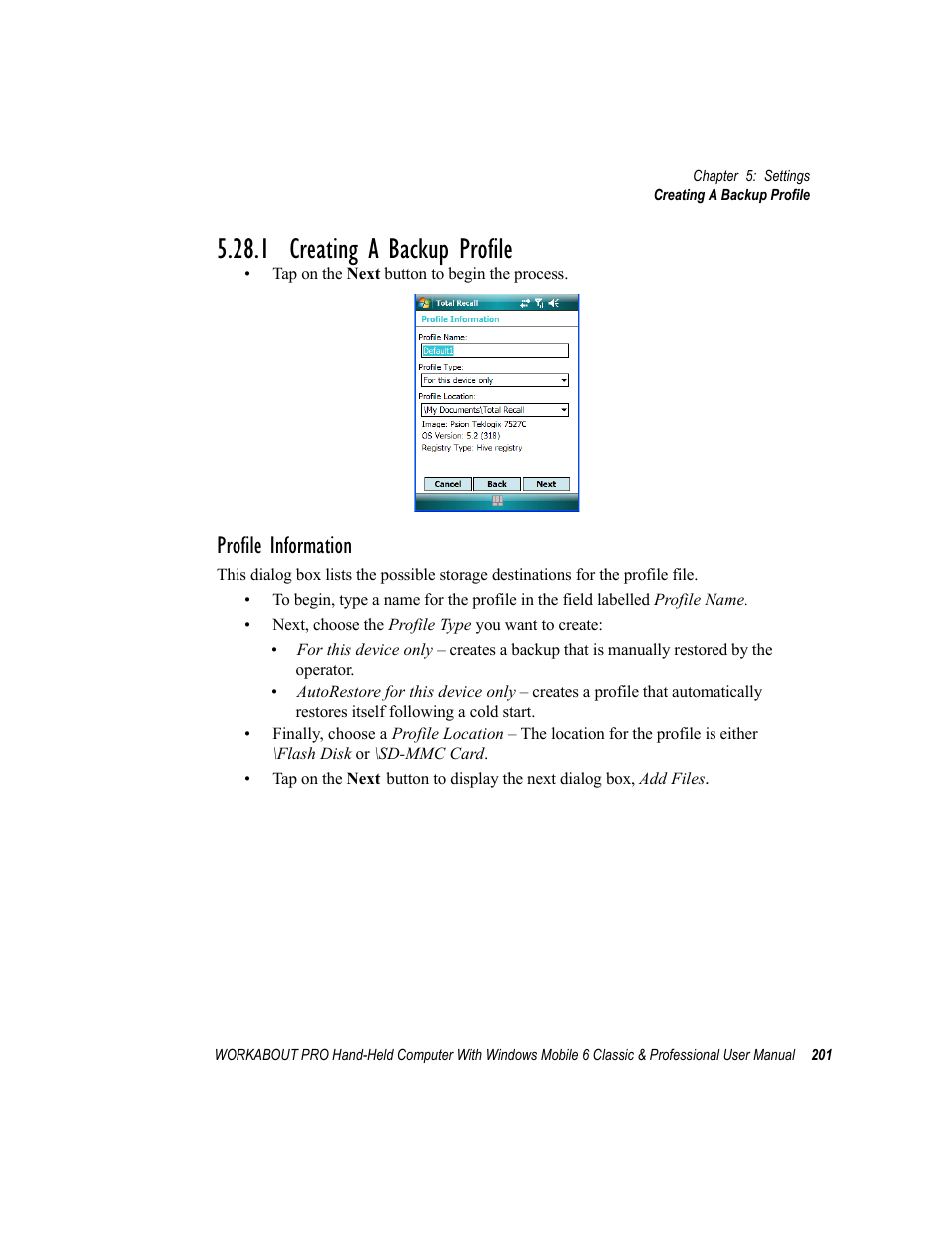 1 creating a backup profile, Profile information | Psion Teklogix ISO 9001 User Manual | Page 219 / 360