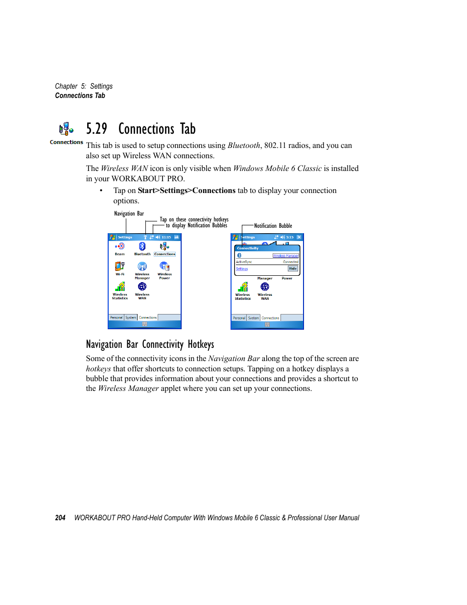 29 connections tab, Navigation bar connectivity hotkeys | Psion Teklogix ISO 9001 User Manual | Page 222 / 360