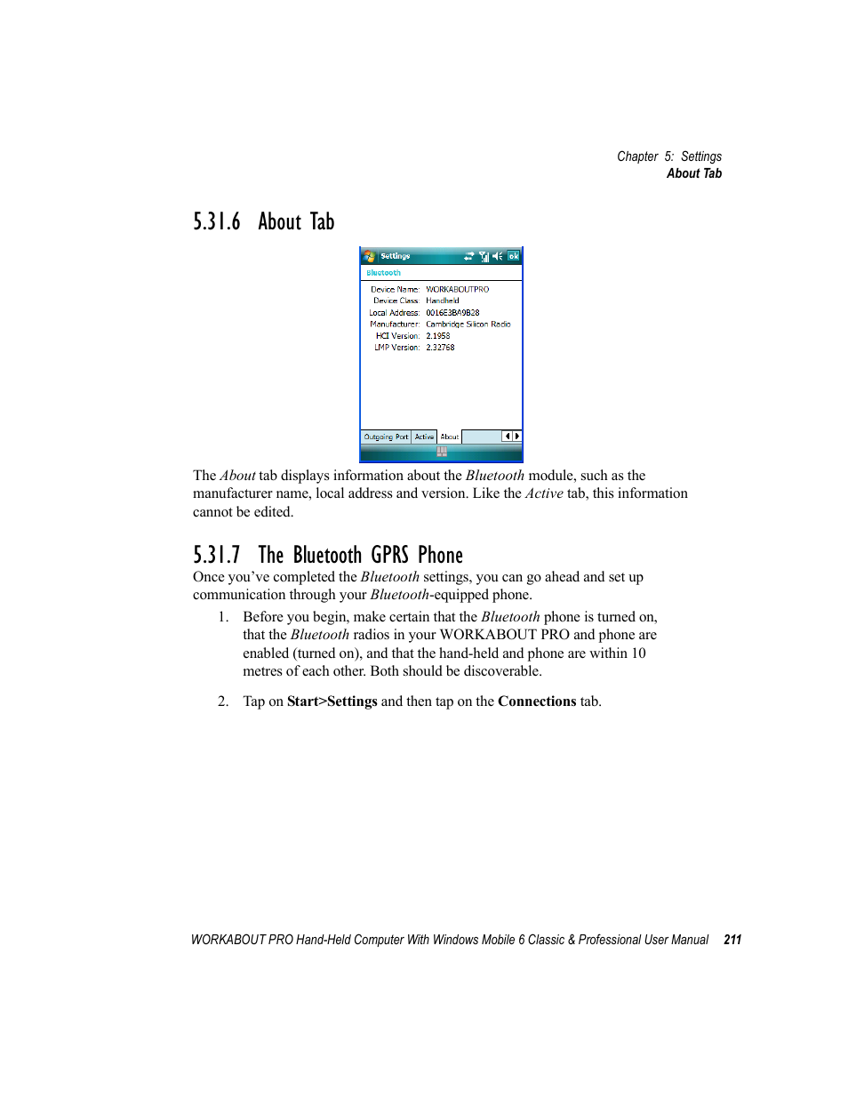 6 about tab, 7 the bluetooth gprs phone, The bl | 6 about tab 5.31.7 the bluetooth gprs phone | Psion Teklogix ISO 9001 User Manual | Page 229 / 360