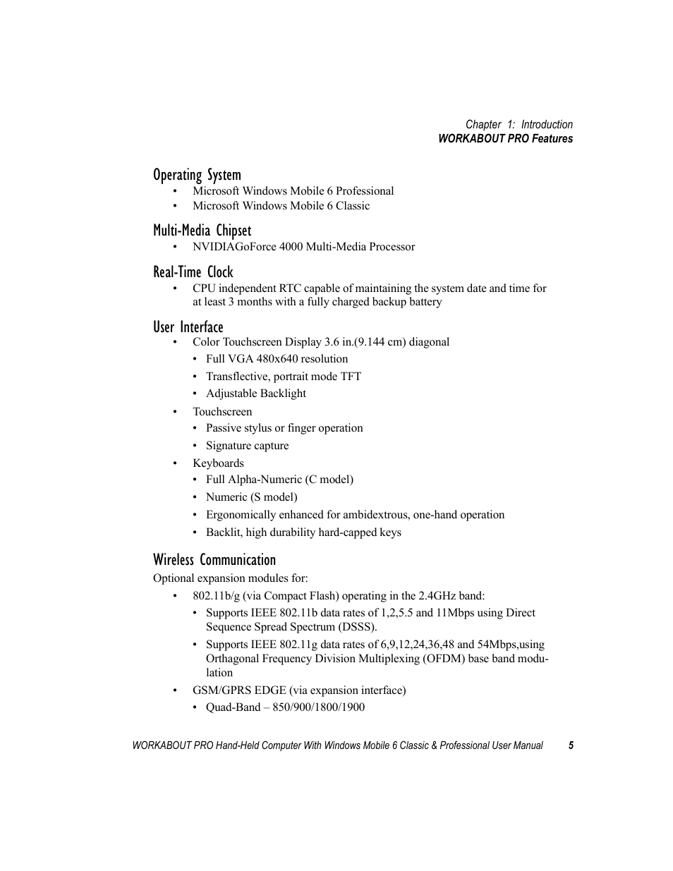 Operating system, Multi-media chipset, Real-time clock | User interface, Wireless communication | Psion Teklogix ISO 9001 User Manual | Page 23 / 360