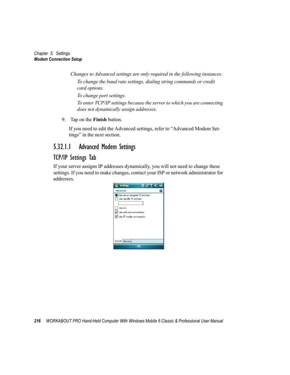 1 advanced modem settings, Tcp/ip settings tab | Psion Teklogix ISO 9001 User Manual | Page 234 / 360