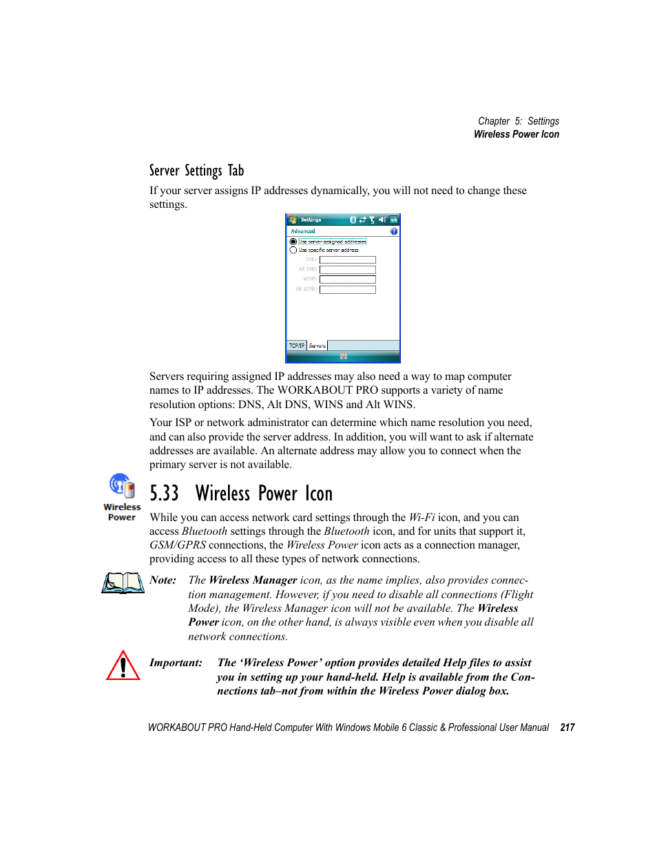 33 wireless power icon, Server settings tab | Psion Teklogix ISO 9001 User Manual | Page 235 / 360