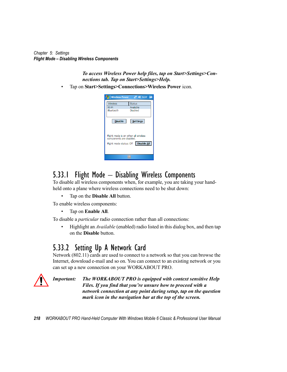 1 flight mode - disabling wireless components, 2 setting up a network card, 1 flight mode – disabling wireless components | Psion Teklogix ISO 9001 User Manual | Page 236 / 360