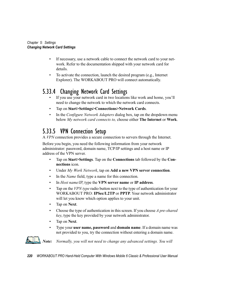 4 changing network card settings, 5 vpn connection setup | Psion Teklogix ISO 9001 User Manual | Page 238 / 360