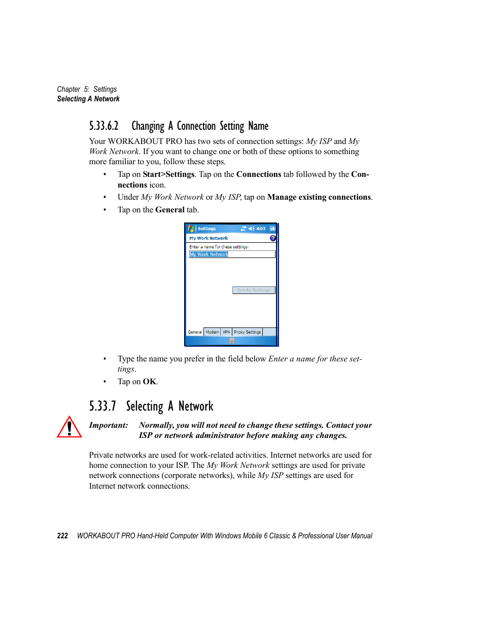 2 changing a connection setting name, 7 selecting a network | Psion Teklogix ISO 9001 User Manual | Page 240 / 360