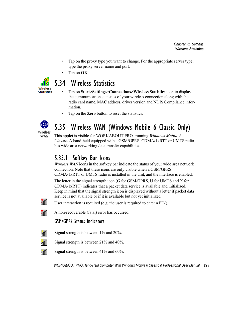 34 wireless statistics, 35 wireless wan (windows mobile 6 classic only), 1 softkey bar icons | Gsm/gprs status indicators | Psion Teklogix ISO 9001 User Manual | Page 243 / 360