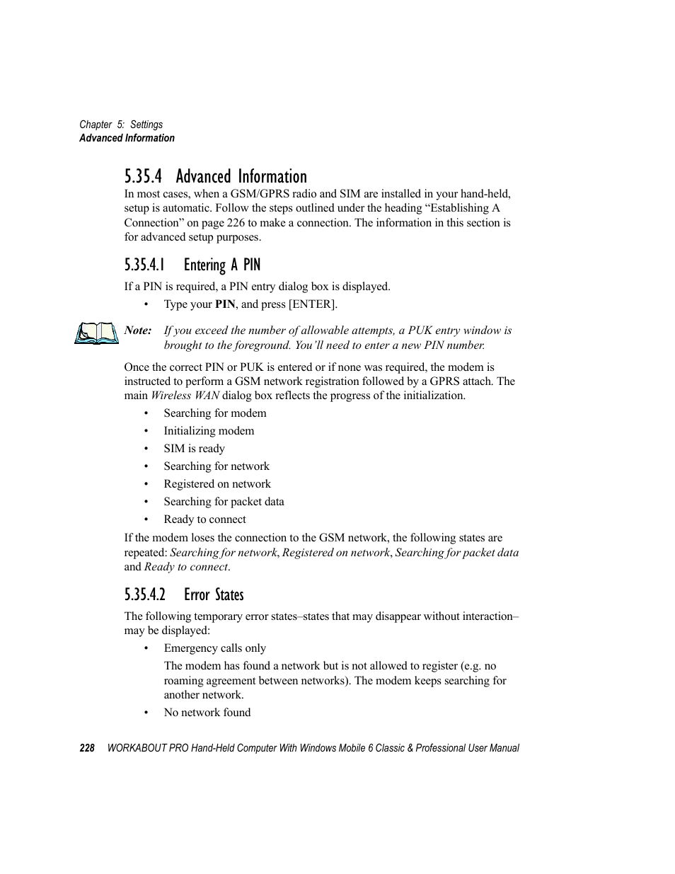 4 advanced information, 1 entering a pin, 2 error states | 1 entering a pin 5.35.4.2 error states | Psion Teklogix ISO 9001 User Manual | Page 246 / 360