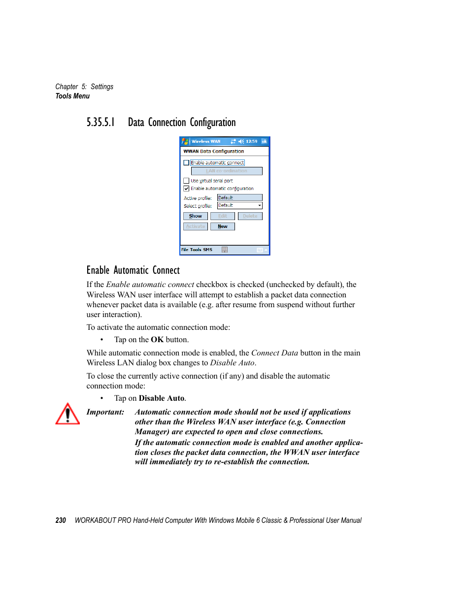 1 data connection configuration, Enable automatic connect | Psion Teklogix ISO 9001 User Manual | Page 248 / 360