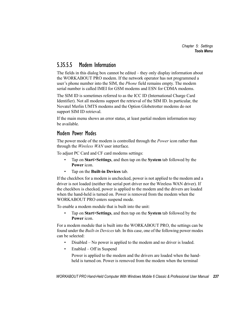 5 modem information, Modem power modes | Psion Teklogix ISO 9001 User Manual | Page 255 / 360