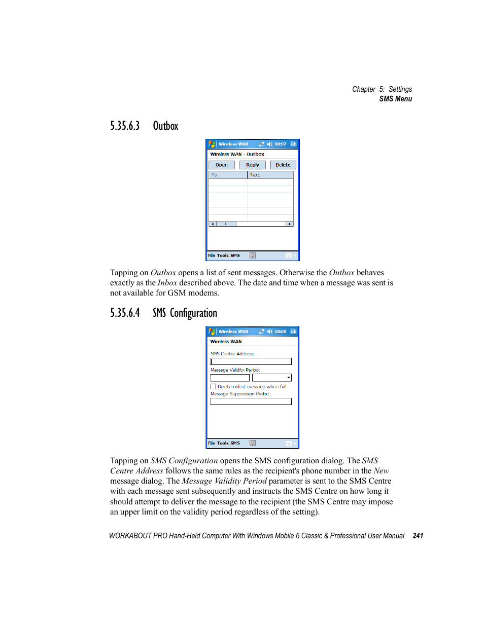 3 outbox, 4 sms configuration, Outbox | 3 outbox 5.35.6.4 sms configuration | Psion Teklogix ISO 9001 User Manual | Page 259 / 360