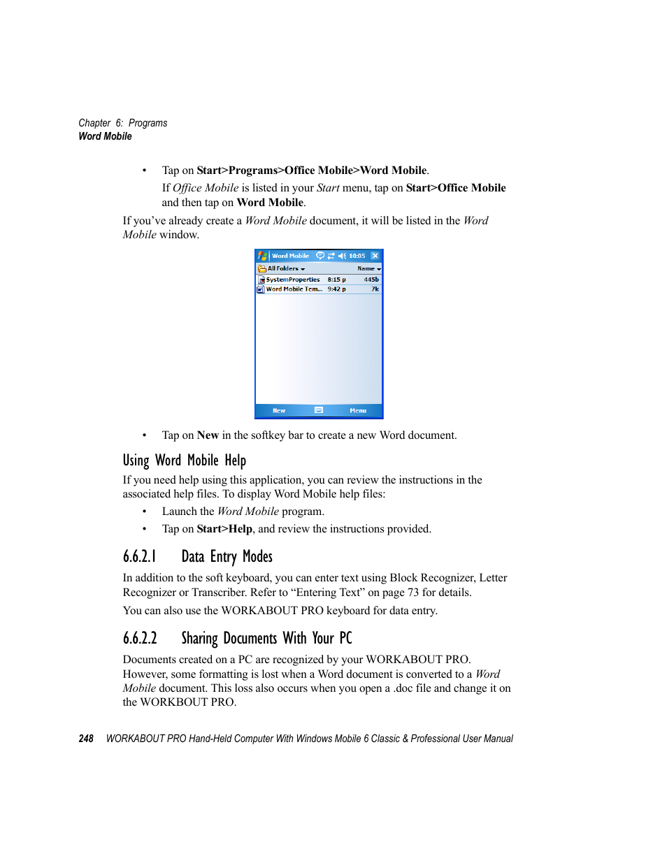 1 data entry modes, 2 sharing documents with your pc, Data entry modes | Sharing documents with your pc, Using word mobile help | Psion Teklogix ISO 9001 User Manual | Page 266 / 360