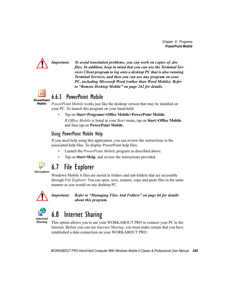 3 powerpoint mobile, 7 file explorer, 8 internet sharing | 7 file explorer 6.8 internet sharing, Using powerpoint mobile help | Psion Teklogix ISO 9001 User Manual | Page 267 / 360