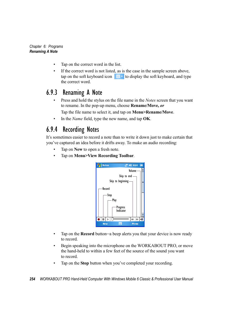 3 renaming a note, 4 recording notes, 3 renaming a note 6.9.4 recording notes | Psion Teklogix ISO 9001 User Manual | Page 272 / 360