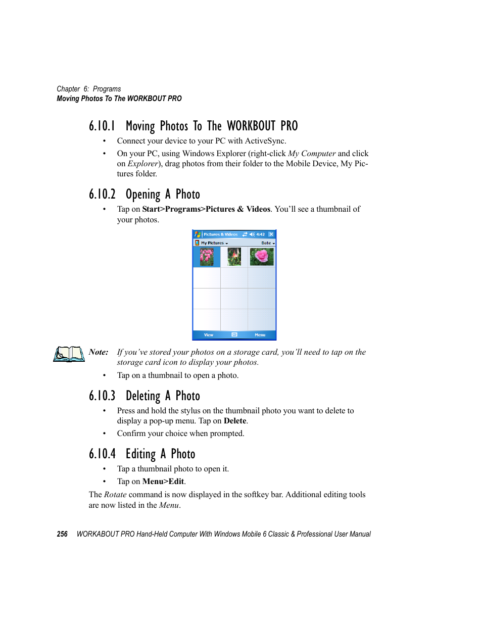 1 moving photos to the workbout pro, 2 opening a photo, 3 deleting a photo | 4 editing a photo | Psion Teklogix ISO 9001 User Manual | Page 274 / 360