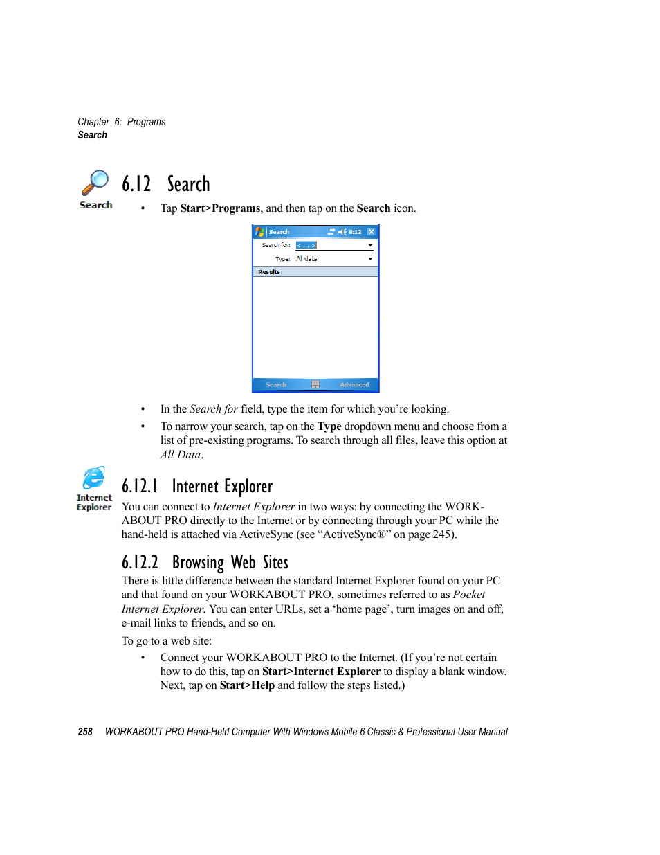 12 search, 1 internet explorer, 2 browsing web sites | Browsing web sites, 1 internet explorer 6.12.2 browsing web sites, 1 internet, Explorer | Psion Teklogix ISO 9001 User Manual | Page 276 / 360