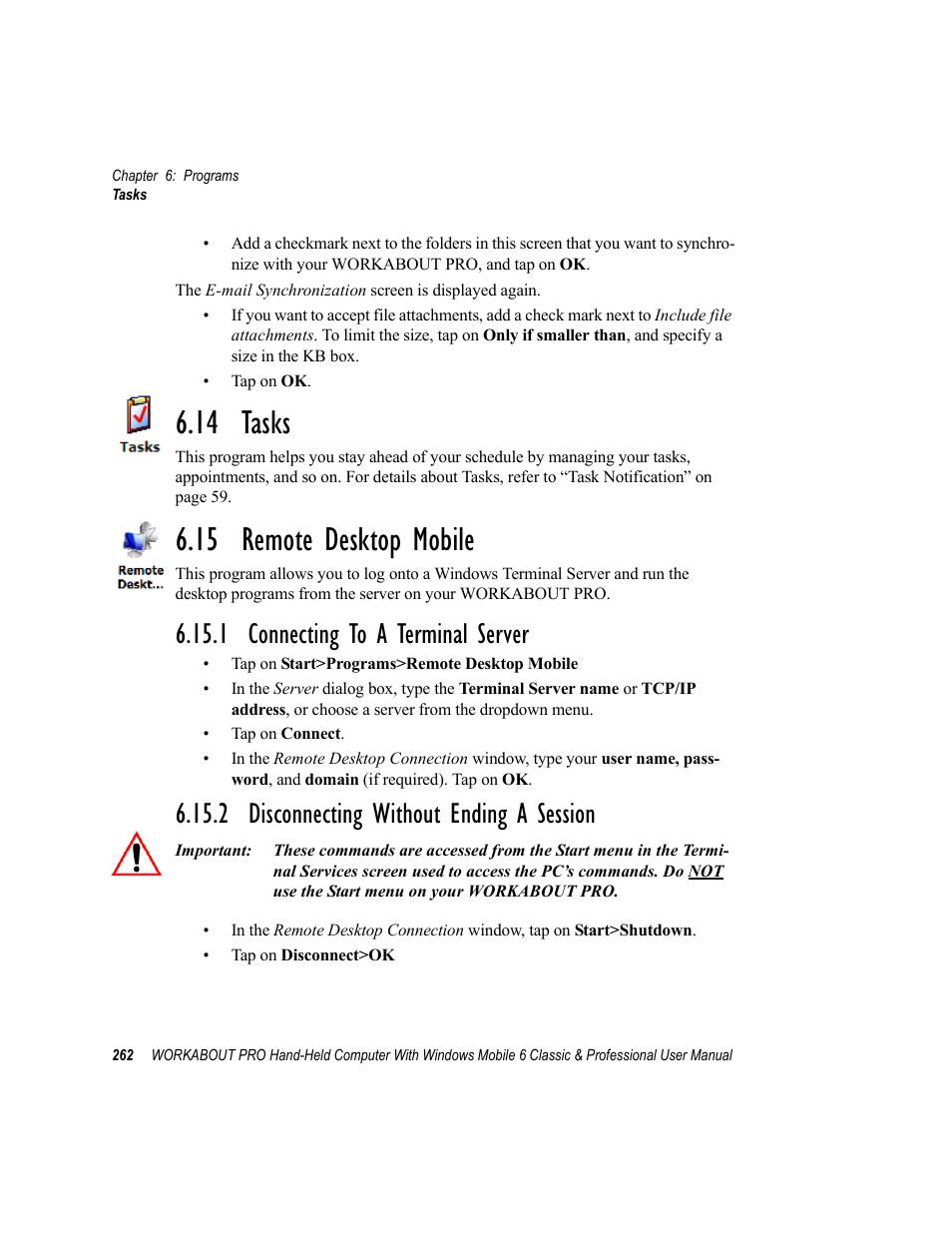 14 tasks, 15 remote desktop mobile, 1 connecting to a terminal server | 2 disconnecting without ending a session, 14 tasks 6.15 remote desktop mobile | Psion Teklogix ISO 9001 User Manual | Page 280 / 360