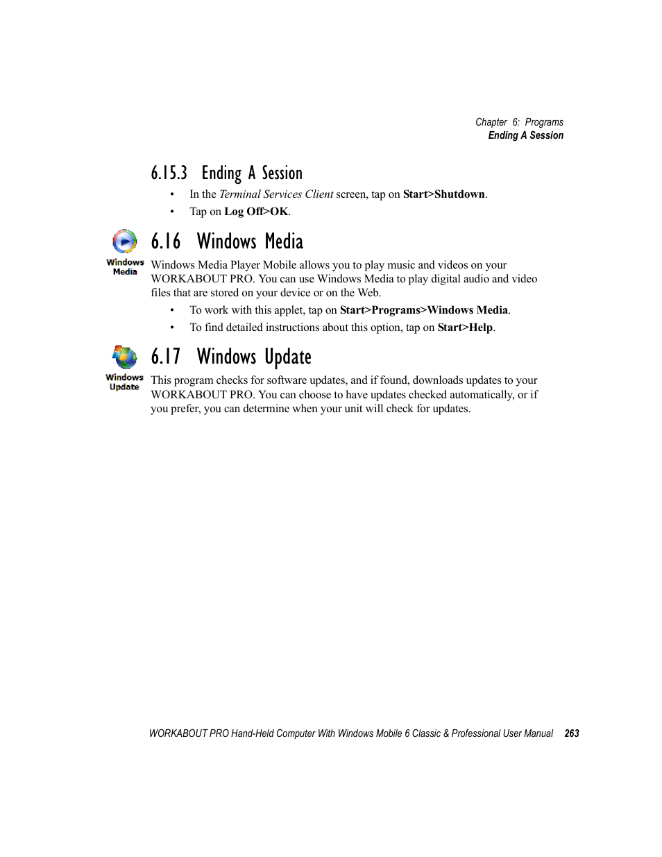 3 ending a session, 16 windows media, 17 windows update | 16 windows media 6.17 windows update | Psion Teklogix ISO 9001 User Manual | Page 281 / 360