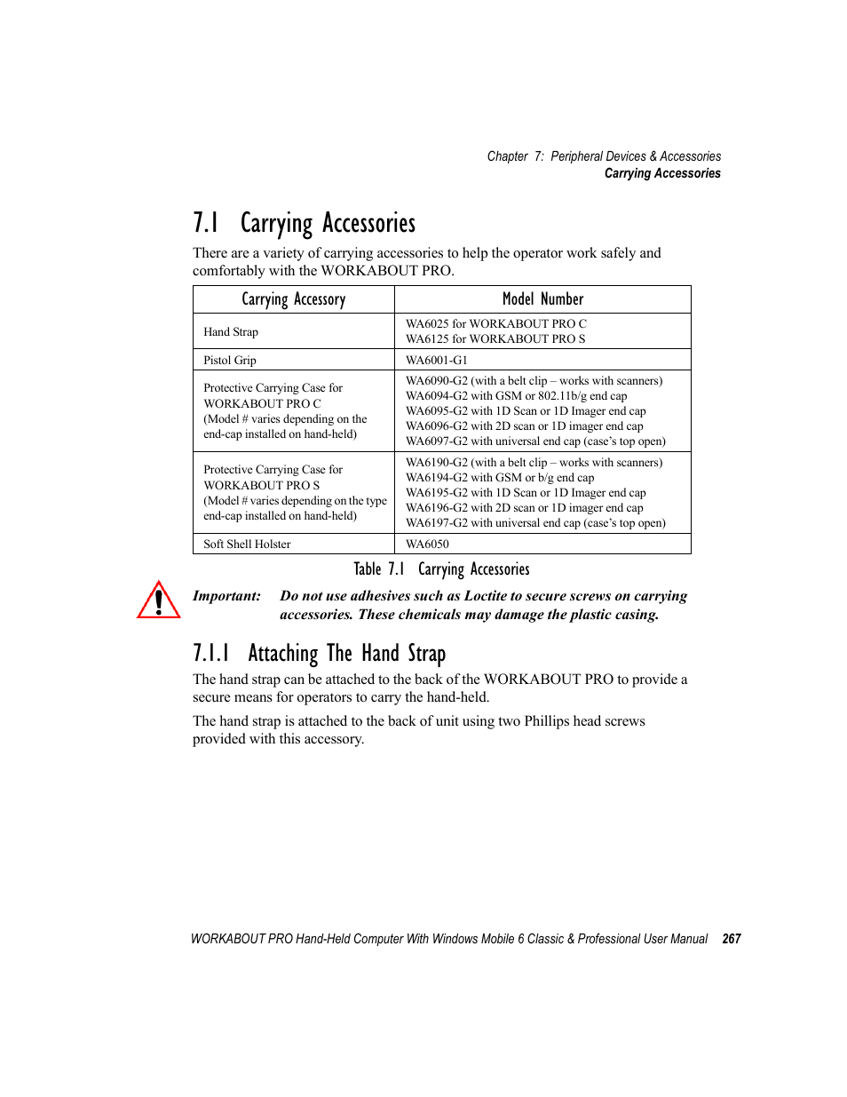 1 carrying accessories, 1 attaching the hand strap, Table 7.1 carrying accessories | Carrying accessory model number | Psion Teklogix ISO 9001 User Manual | Page 285 / 360