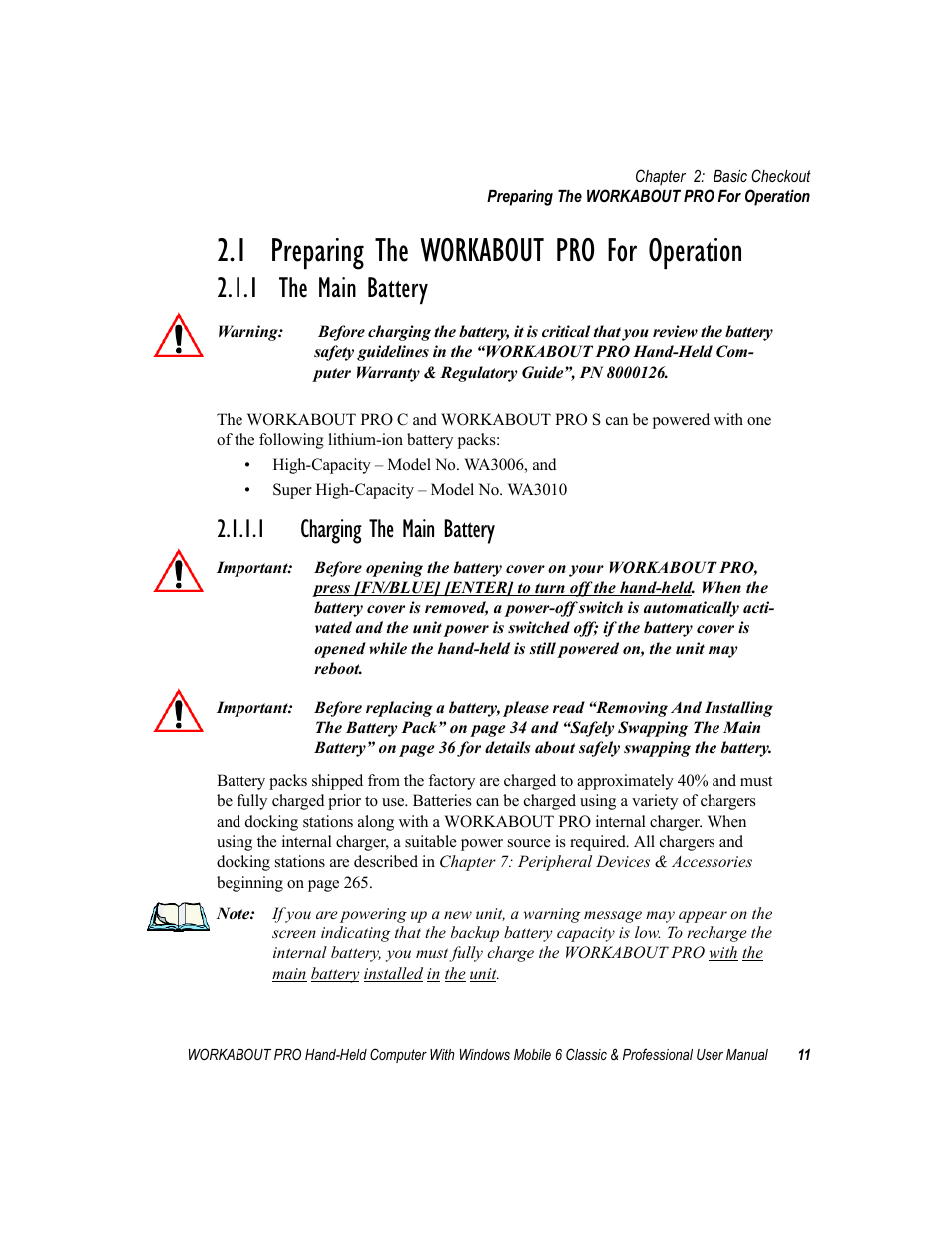 1 preparing the workabout pro for operation, 1 the main battery, 1 charging the main battery | Charging the main battery | Psion Teklogix ISO 9001 User Manual | Page 29 / 360