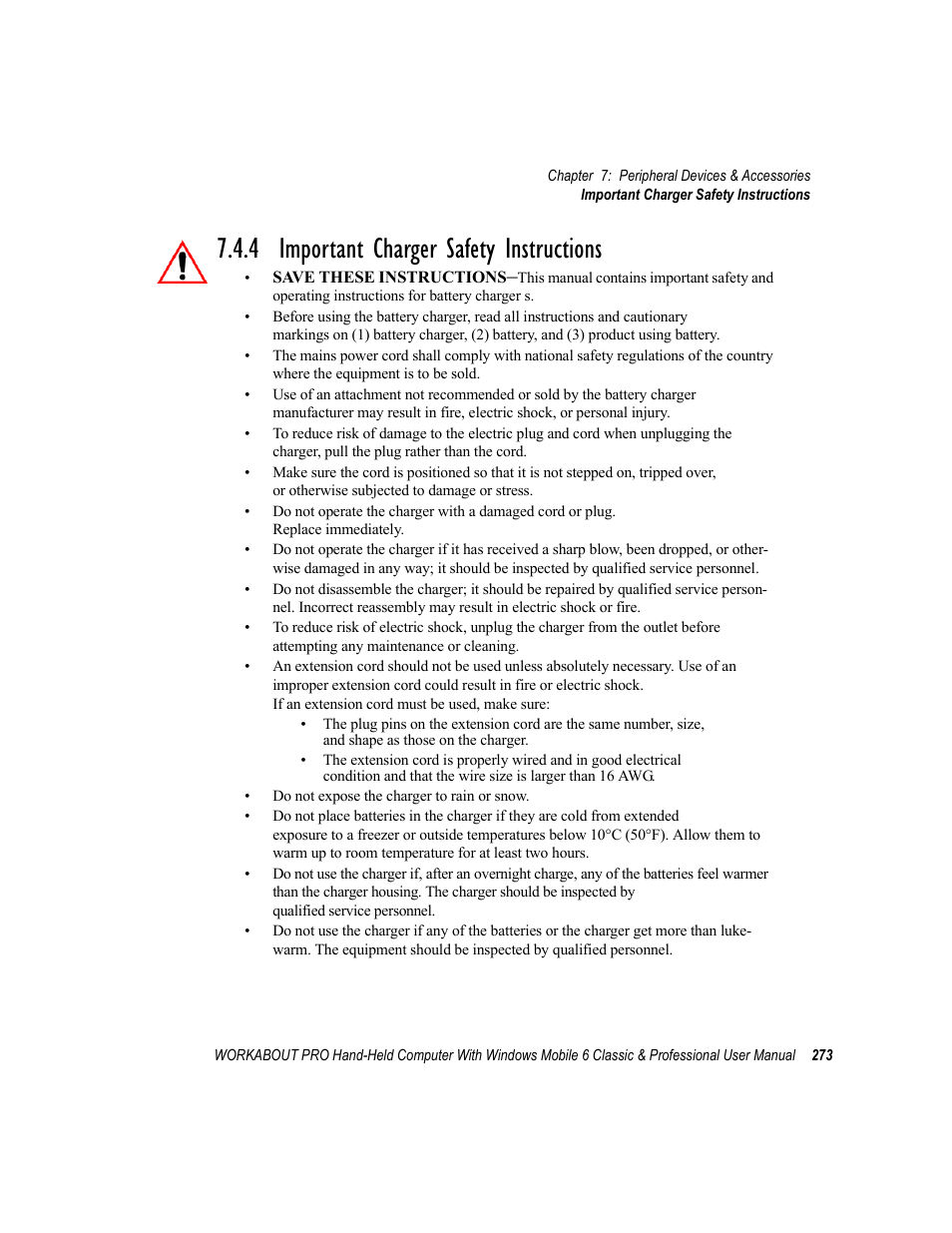 4 important charger safety instructions | Psion Teklogix ISO 9001 User Manual | Page 291 / 360