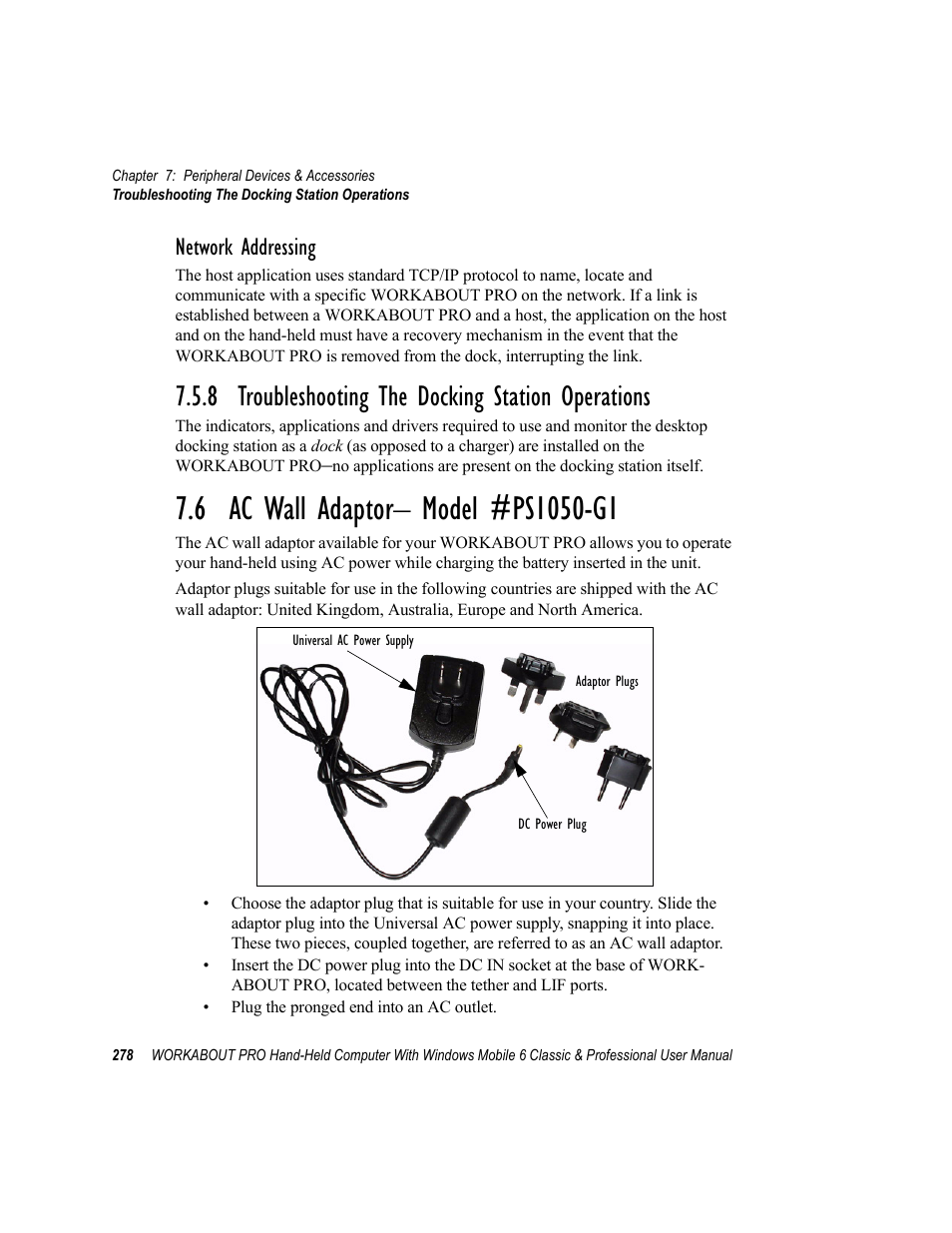 8 troubleshooting the docking station operations, 6 ac wall adaptor- model #ps1050-g1, Ac wall adaptor– model #ps1050-g1 | 6 ac wall adaptor– model #ps1050-g1, Network addressing | Psion Teklogix ISO 9001 User Manual | Page 296 / 360