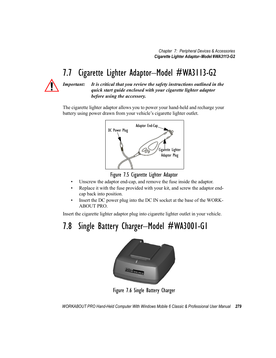 7 cigarette lighter adaptor-model #wa3113-g2, 8 single battery charger-model #wa3001-g1 | Psion Teklogix ISO 9001 User Manual | Page 297 / 360