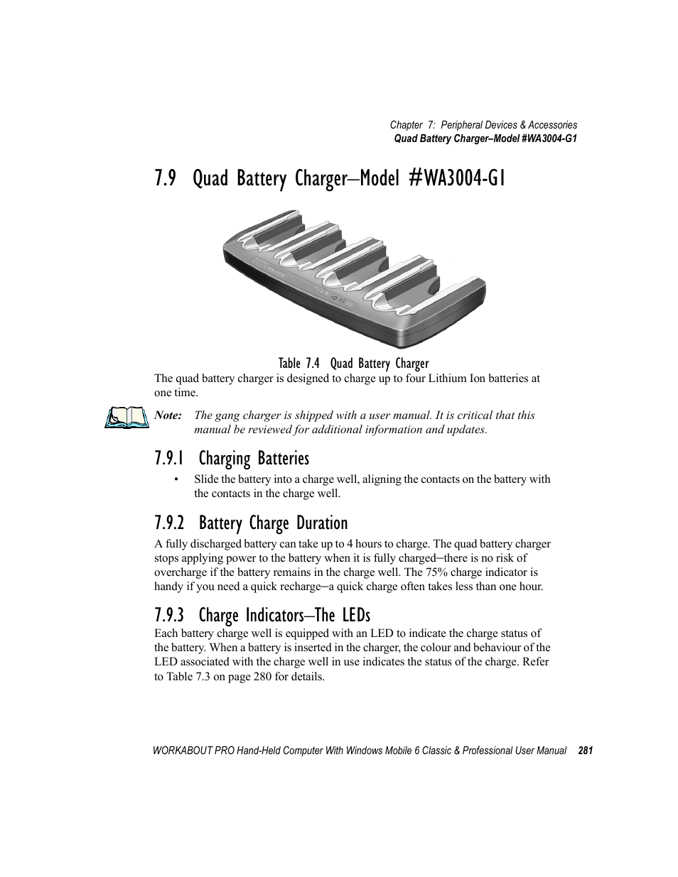 9 quad battery charger-model #wa3004-g1, 1 charging batteries, 2 battery charge duration | 3 charge indicators-the leds, 9 quad battery charger–model #wa3004-g1, 3 charge indicators–the leds | Psion Teklogix ISO 9001 User Manual | Page 299 / 360