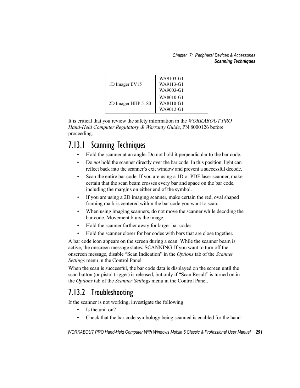 1 scanning techniques, 2 troubleshooting, Troubleshooting | 1 scanning techniques 7.13.2 troubleshooting | Psion Teklogix ISO 9001 User Manual | Page 309 / 360