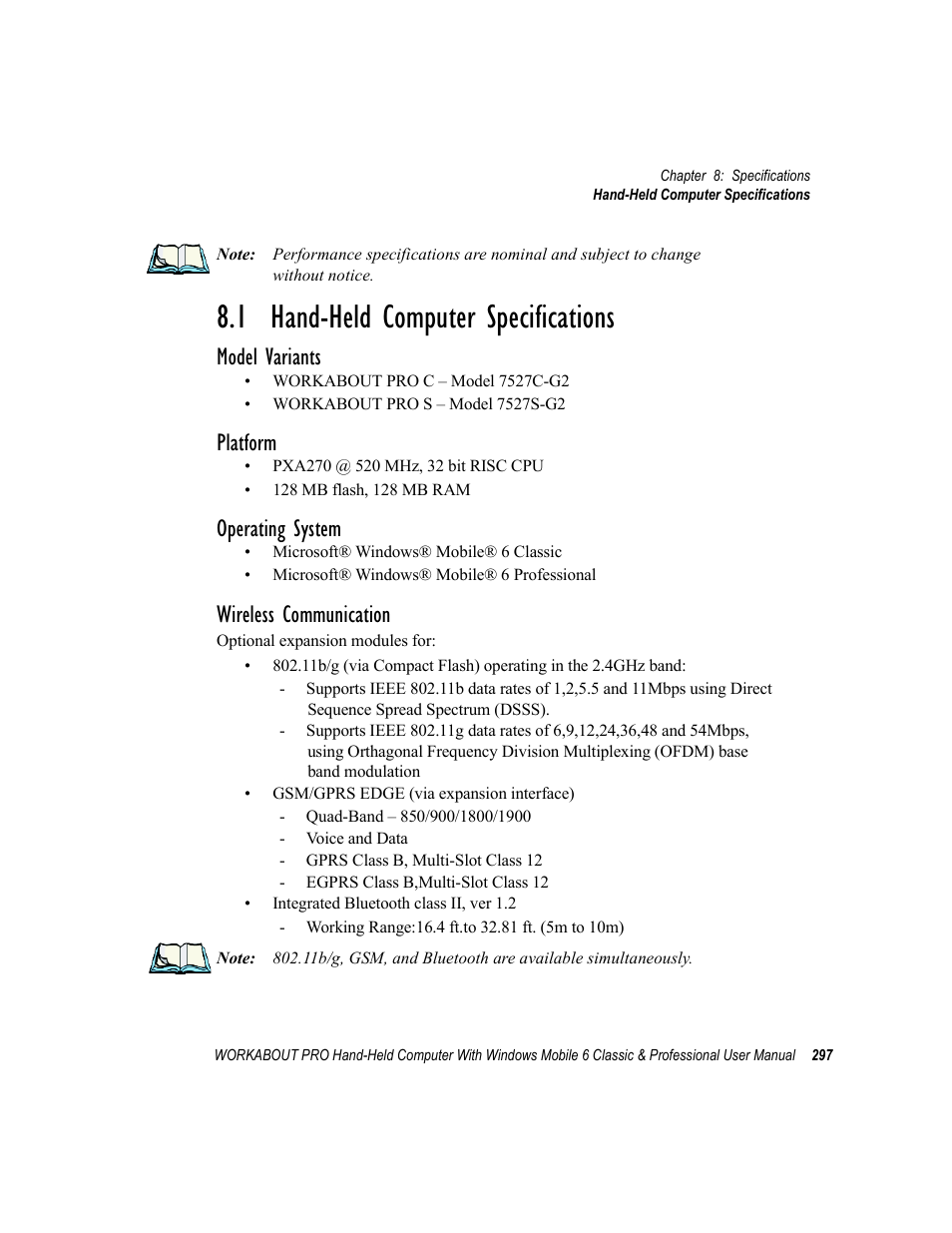1 hand-held computer specifications, Model variants, Platform | Operating system, Wireless communication | Psion Teklogix ISO 9001 User Manual | Page 315 / 360