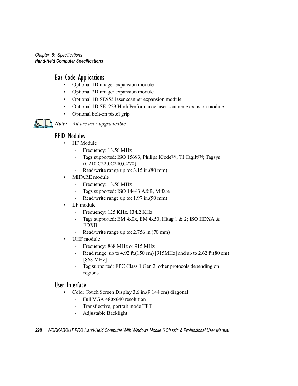 Bar code applications, Rfid modules, User interface | Psion Teklogix ISO 9001 User Manual | Page 316 / 360