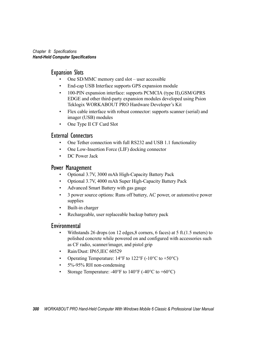 Expansion slots, External connectors, Power management | Environmental | Psion Teklogix ISO 9001 User Manual | Page 318 / 360