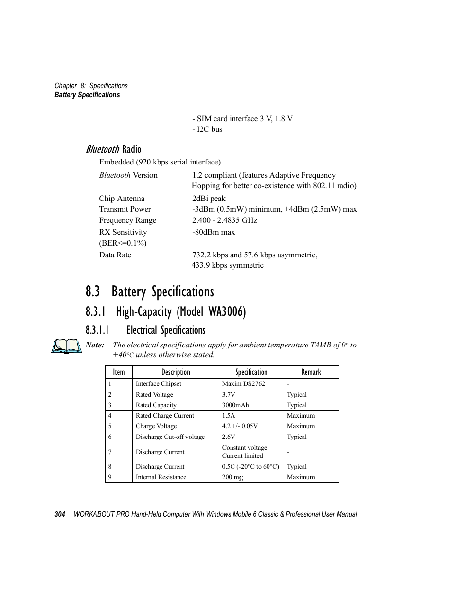3 battery specifications, 1 high-capacity (model wa3006), 1 electrical specifications | Electrical specifications, Bluetooth, Radio | Psion Teklogix ISO 9001 User Manual | Page 322 / 360