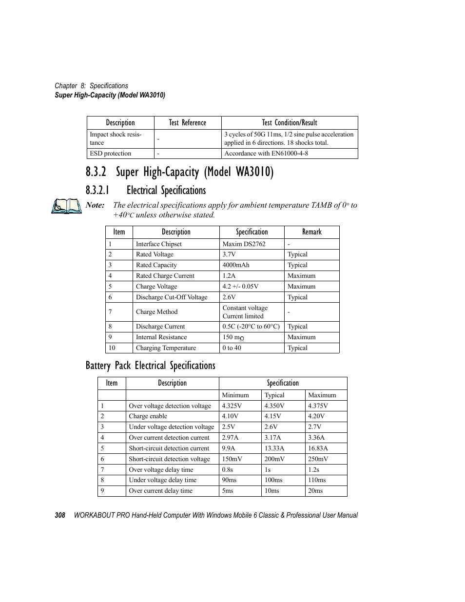 2 super high-capacity (model wa3010), 1 electrical specifications, Electrical specifications | Battery pack electrical specifications | Psion Teklogix ISO 9001 User Manual | Page 326 / 360