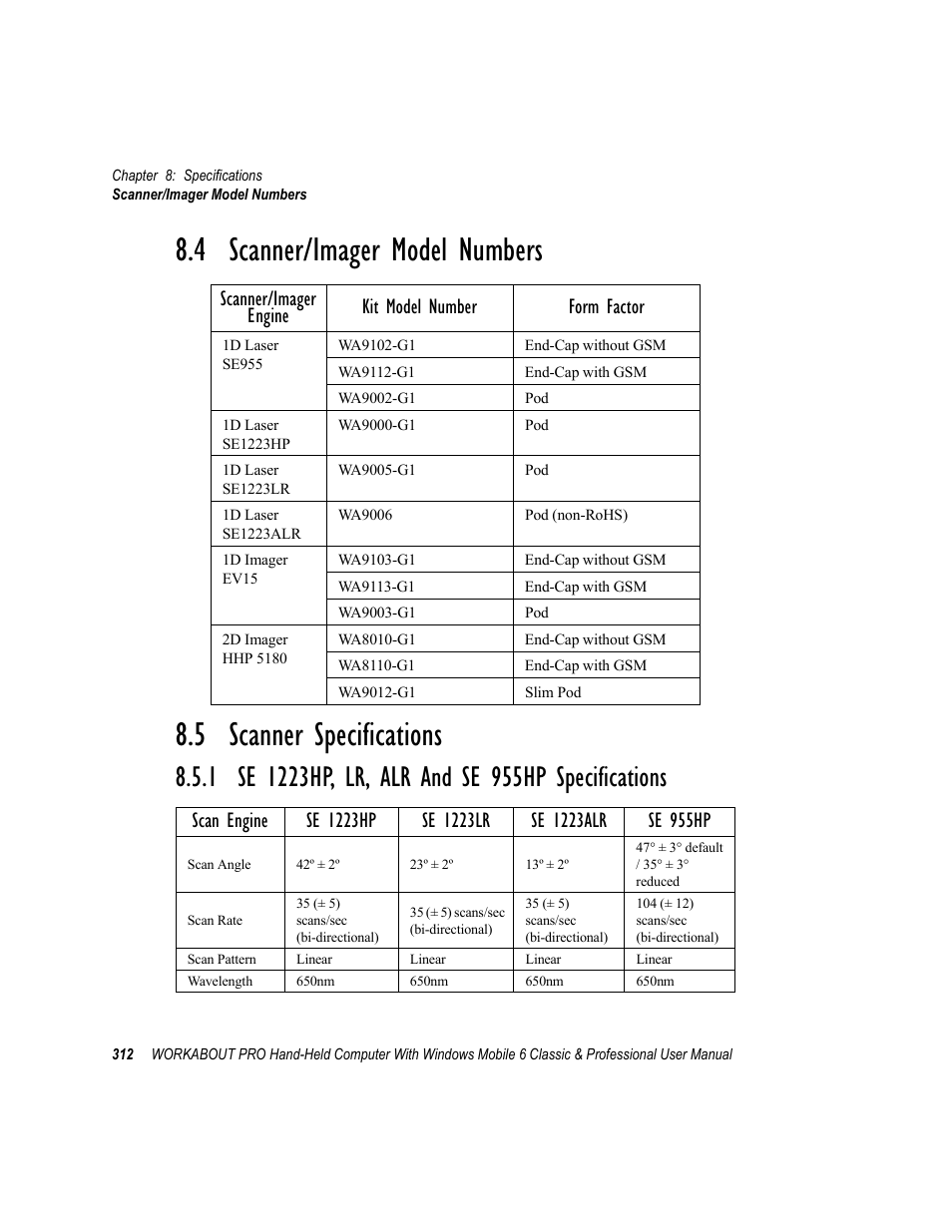 4 scanner/imager model numbers, 5 scanner specifications, 1 se 1223hp, lr, alr and se 955hp specifications | Scanner/imager engine kit model number form factor | Psion Teklogix ISO 9001 User Manual | Page 330 / 360
