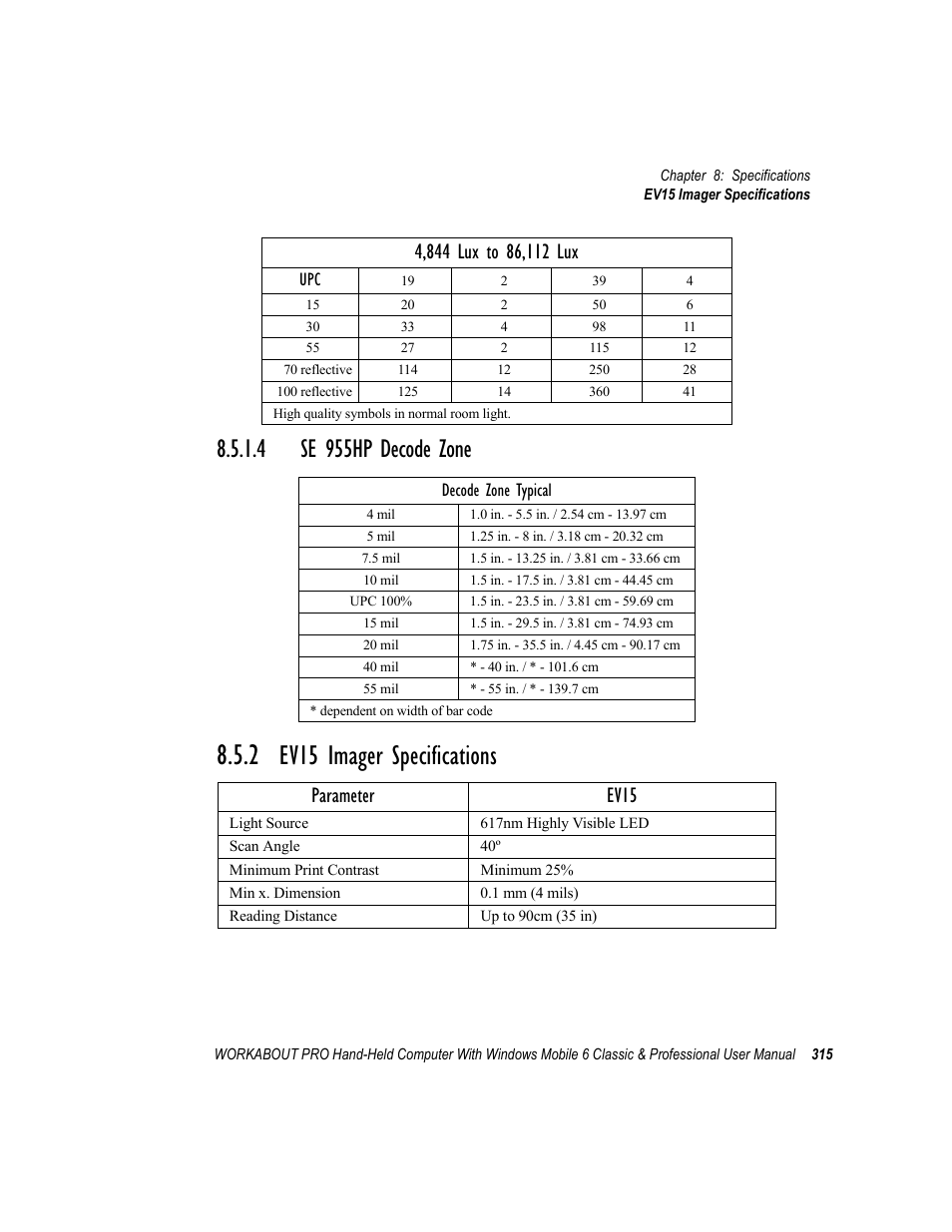 4 se 955hp decode zone, 2 ev15 imager specifications, Se 955hp decode zone | Ev15 imager specifications, Parameter ev15 | Psion Teklogix ISO 9001 User Manual | Page 333 / 360