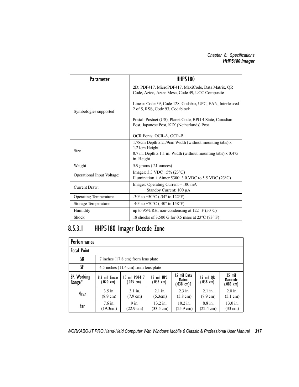 1 hhp5180 imager decode zone, Hhp5180 imager decode zone, Performance | Parameter hhp5180 | Psion Teklogix ISO 9001 User Manual | Page 335 / 360