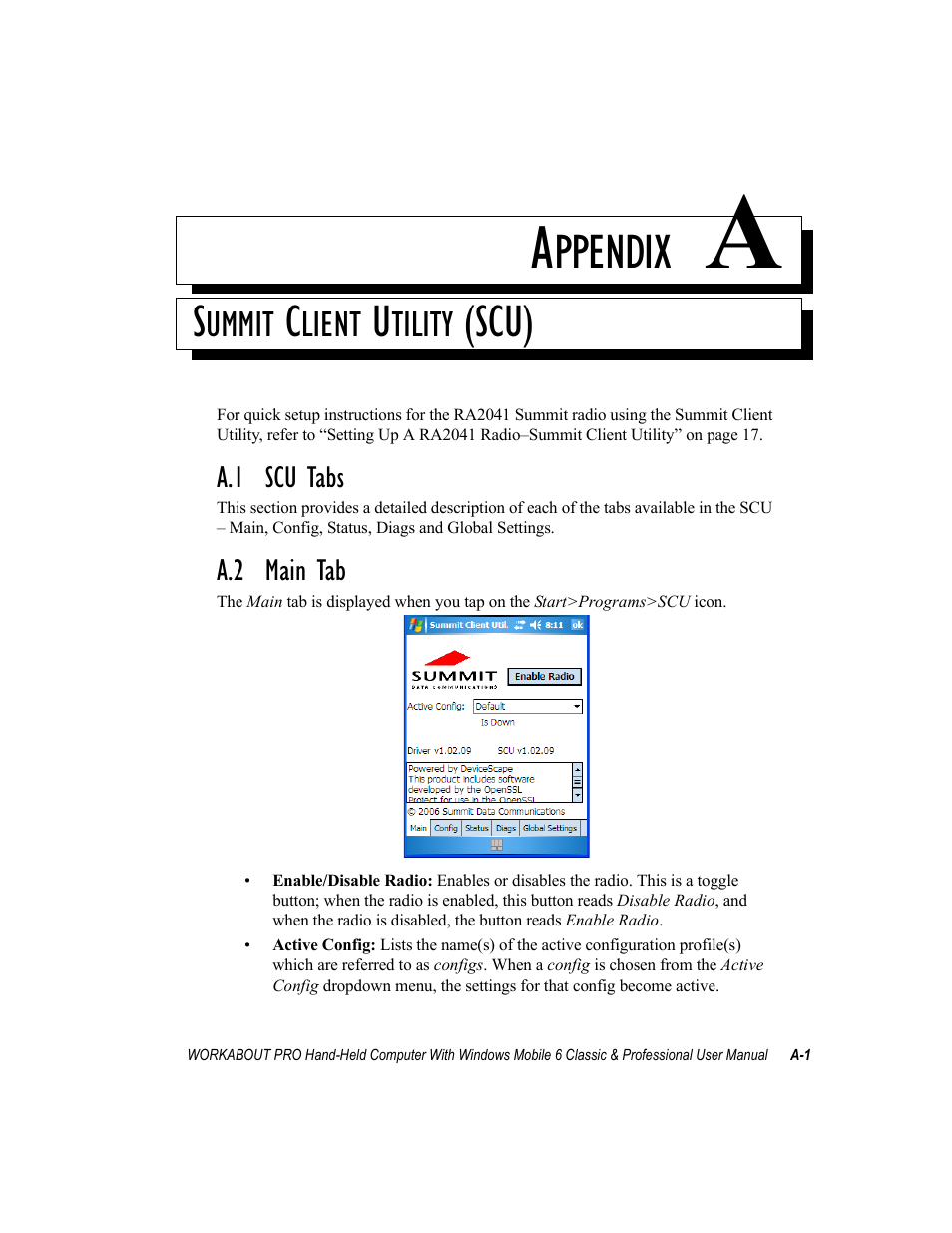 Summit client utility (scu), A.1 scu tabs, A.2 main tab | Appendix a: summit client utility (scu), Ppendix, Scu) | Psion Teklogix ISO 9001 User Manual | Page 337 / 360