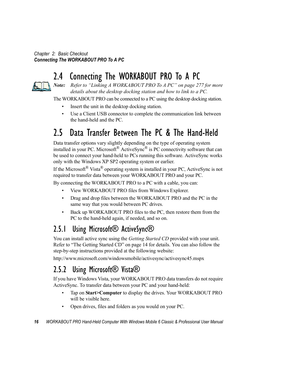 4 connecting the workabout pro to a pc, 5 data transfer between the pc & the hand-held, 1 using microsoft® activesync | 2 using microsoft® vista | Psion Teklogix ISO 9001 User Manual | Page 34 / 360