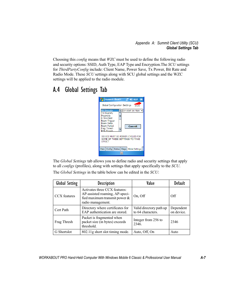 A.4 global settings tab, Global setting description value default | Psion Teklogix ISO 9001 User Manual | Page 343 / 360