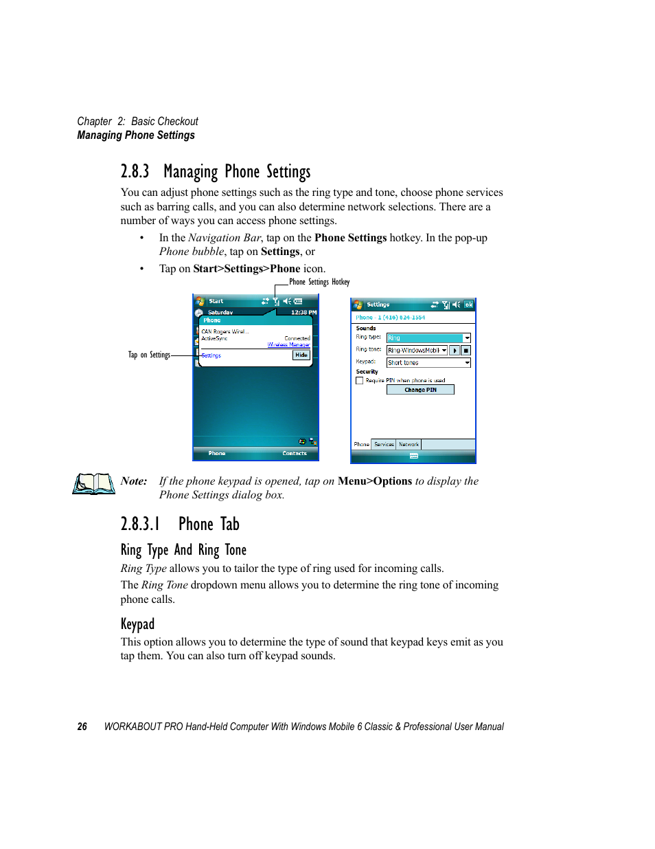 3 managing phone settings, 1 phone tab, Phone tab | Ring type and ring tone, Keypad | Psion Teklogix ISO 9001 User Manual | Page 44 / 360