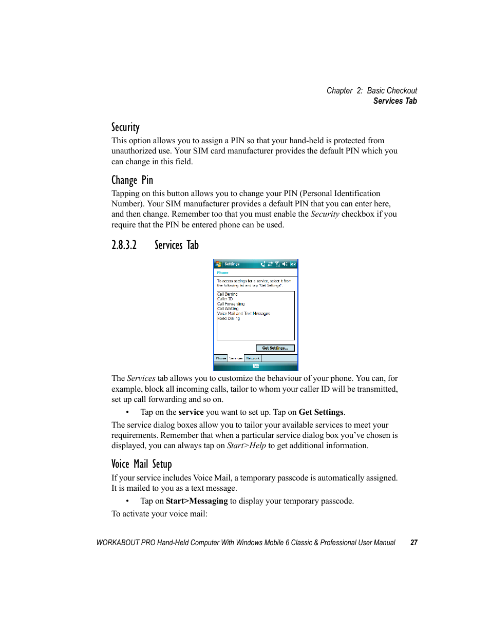 2 services tab, Services tab, Security | Change pin, Voice mail setup | Psion Teklogix ISO 9001 User Manual | Page 45 / 360