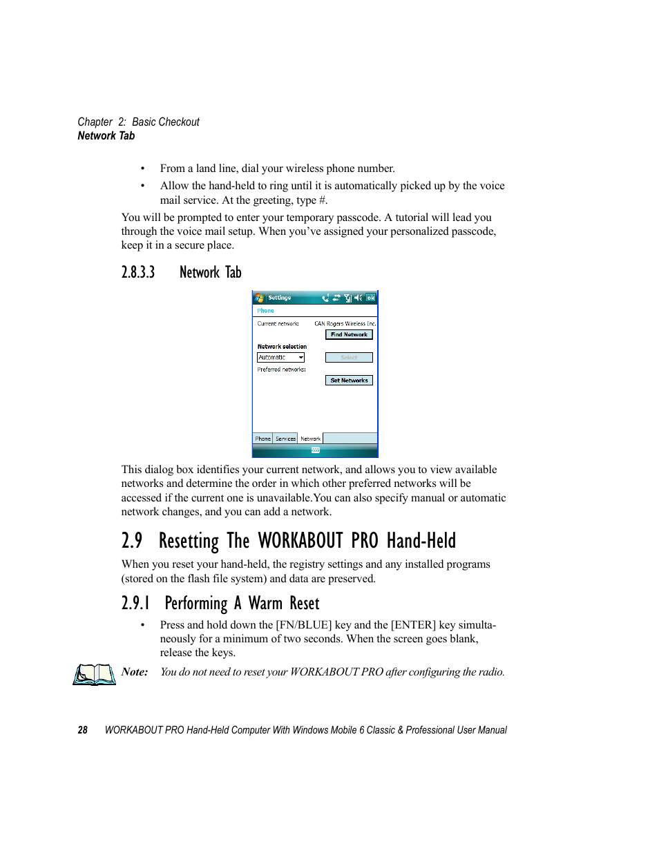 3 network tab, 9 resetting the workabout pro hand-held, 1 performing a warm reset | Network tab | Psion Teklogix ISO 9001 User Manual | Page 46 / 360