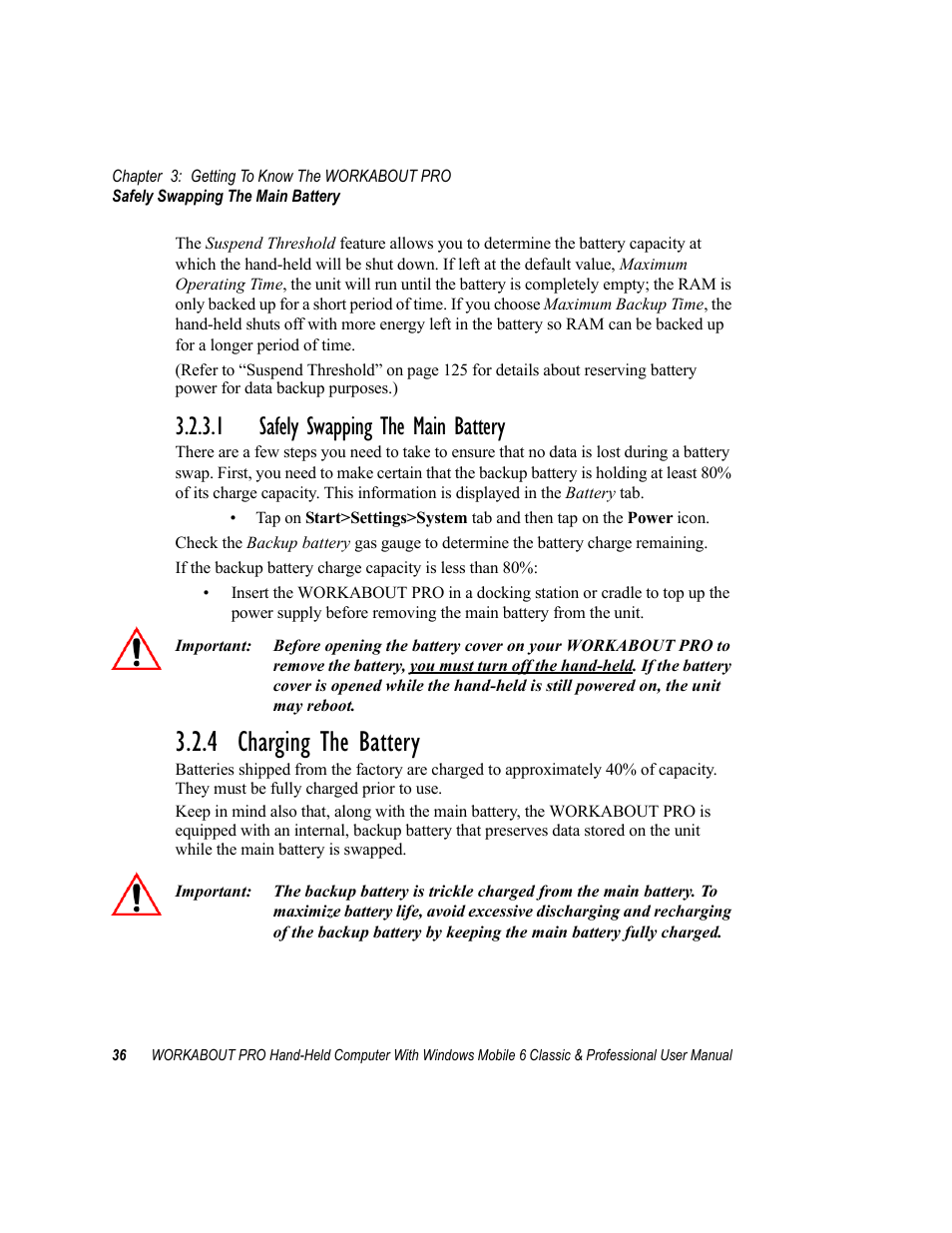 1 safely swapping the main battery, 4 charging the battery, Safely swapping the main battery | Psion Teklogix ISO 9001 User Manual | Page 54 / 360